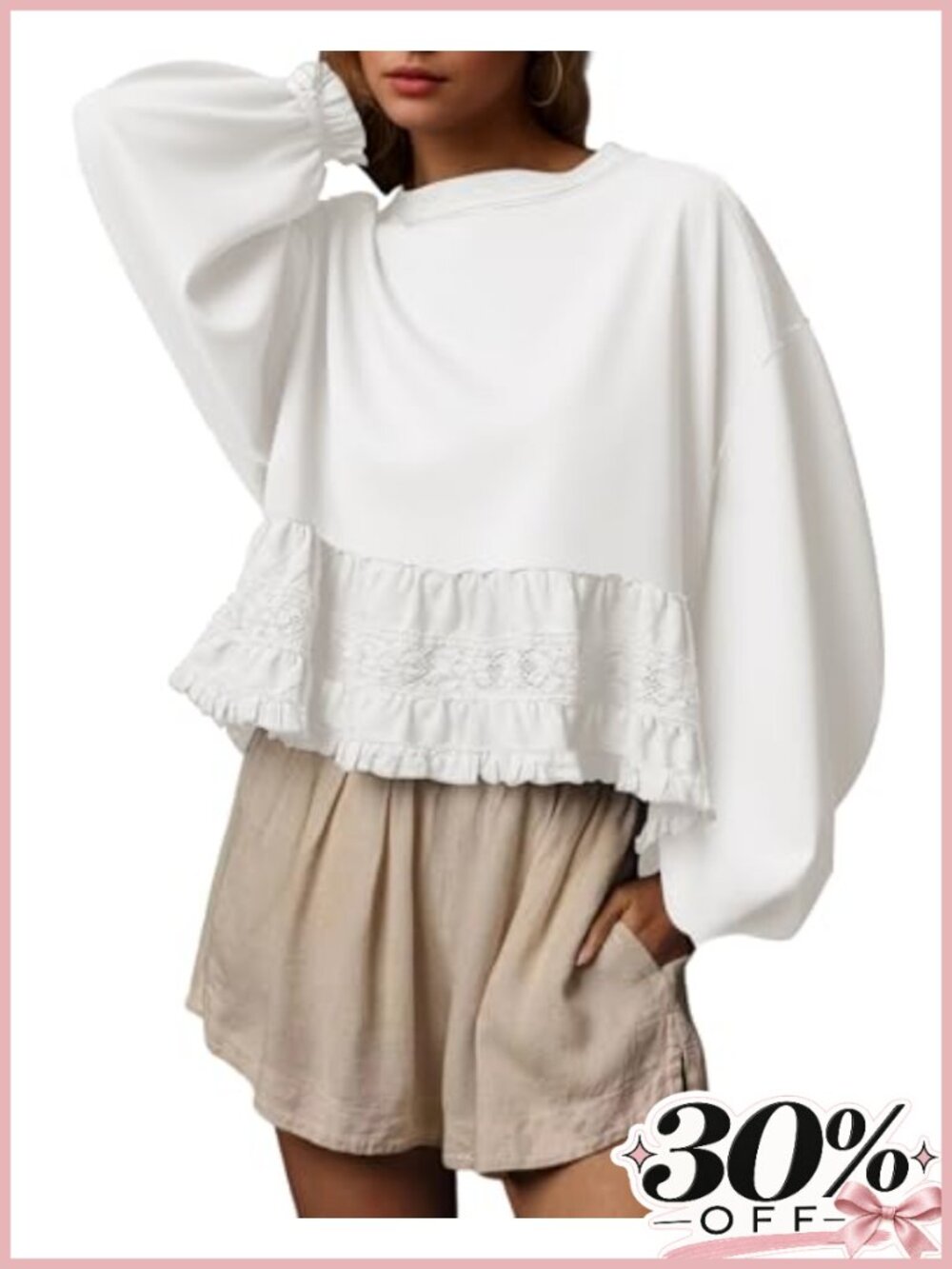 Womens Lace Patchwork Crop Sweatshirt Puff Sleeve Babydoll Top